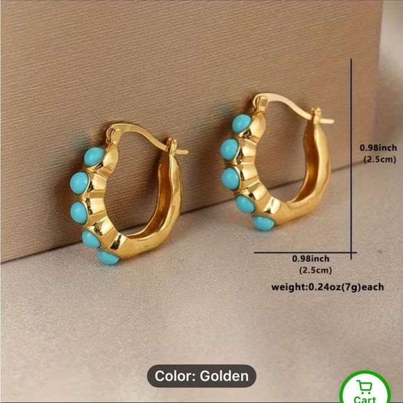 Turquoise and Gold Statement Hoop Earrings - Picture 3 of 7
